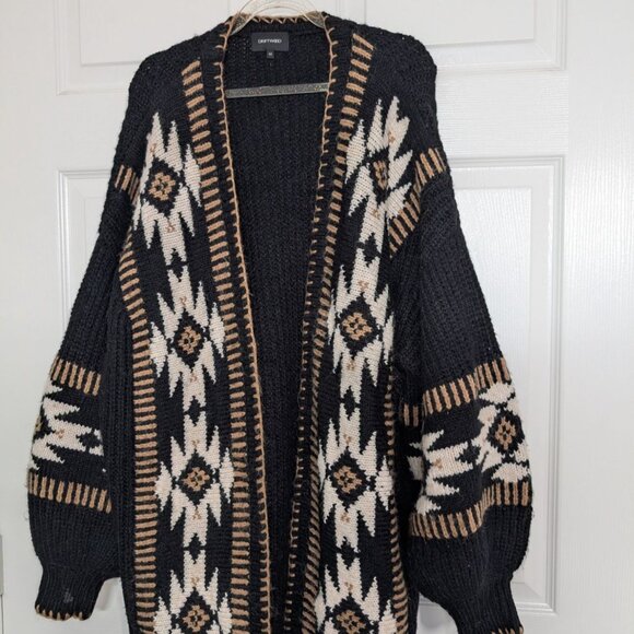 Driftwood Aztec Duster Cardigan Womens Size Medium Black Ribbed Open Sweater - Picture 2 of 9